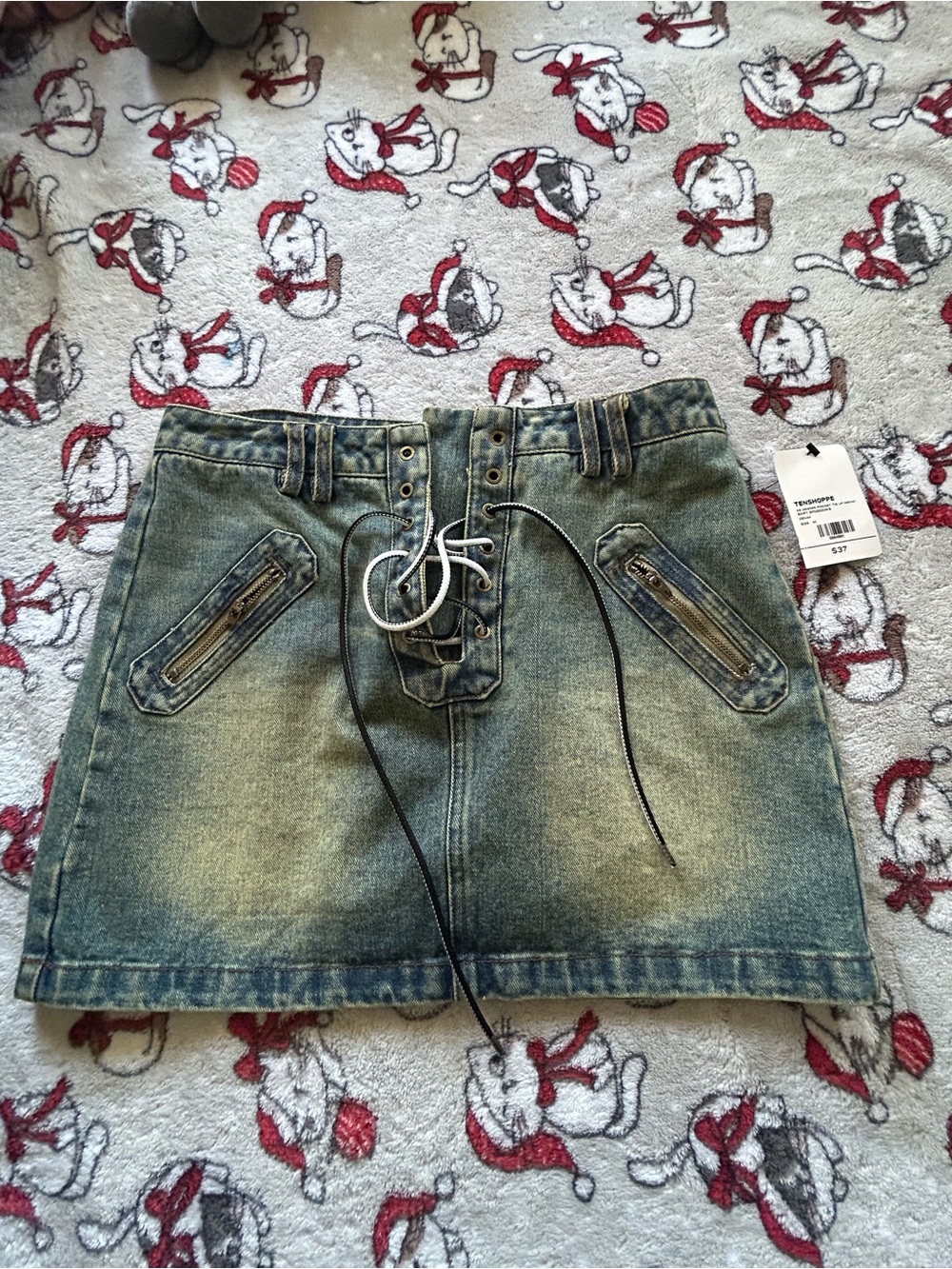 Vintage Cowgirl Inspired Green Blue Denim Mini Skirt with Lace-Up Front